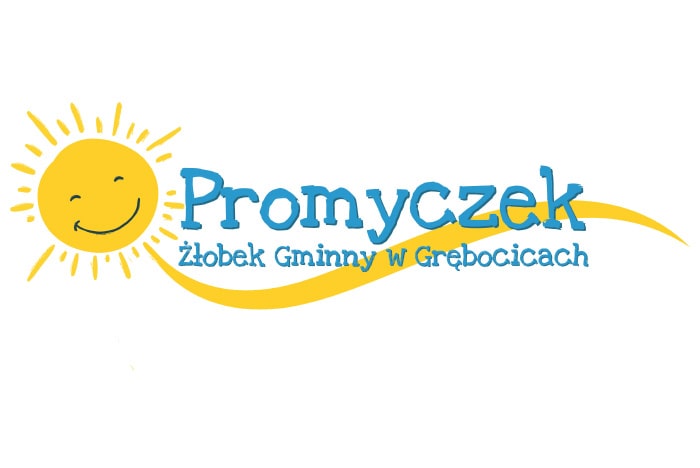 Logo żłobka w Grębocicach na którym widać wielkie żółte słońce i napis "Promyczek"